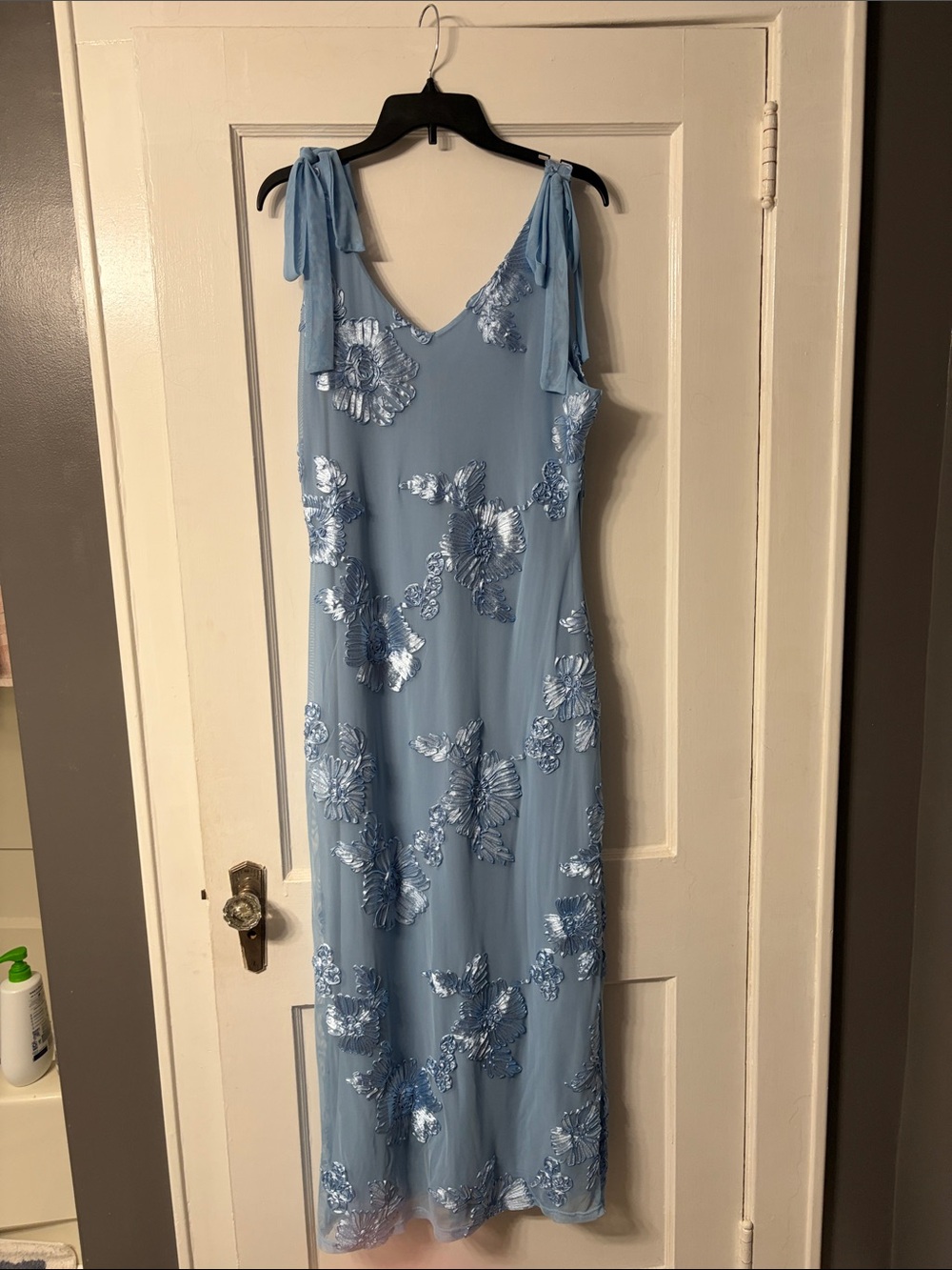 Elegant Light Blue Embroidered Slip Dress with Tie Straps